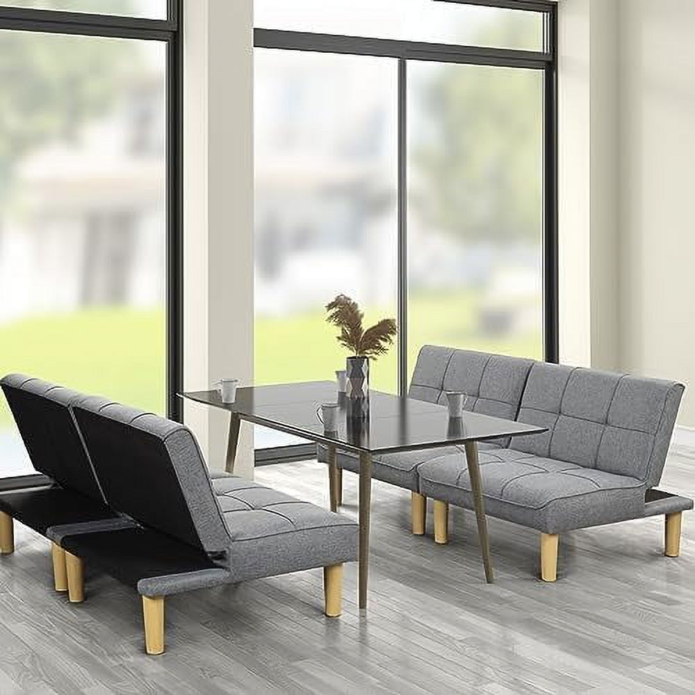 Grey Fabric 3-In-1 Convertible Futon Sofa Bed Twin USB Loveseat Couch Daybed with Folding Adjustable Backless 2 Piece Small Futon Couch Chairs P447678