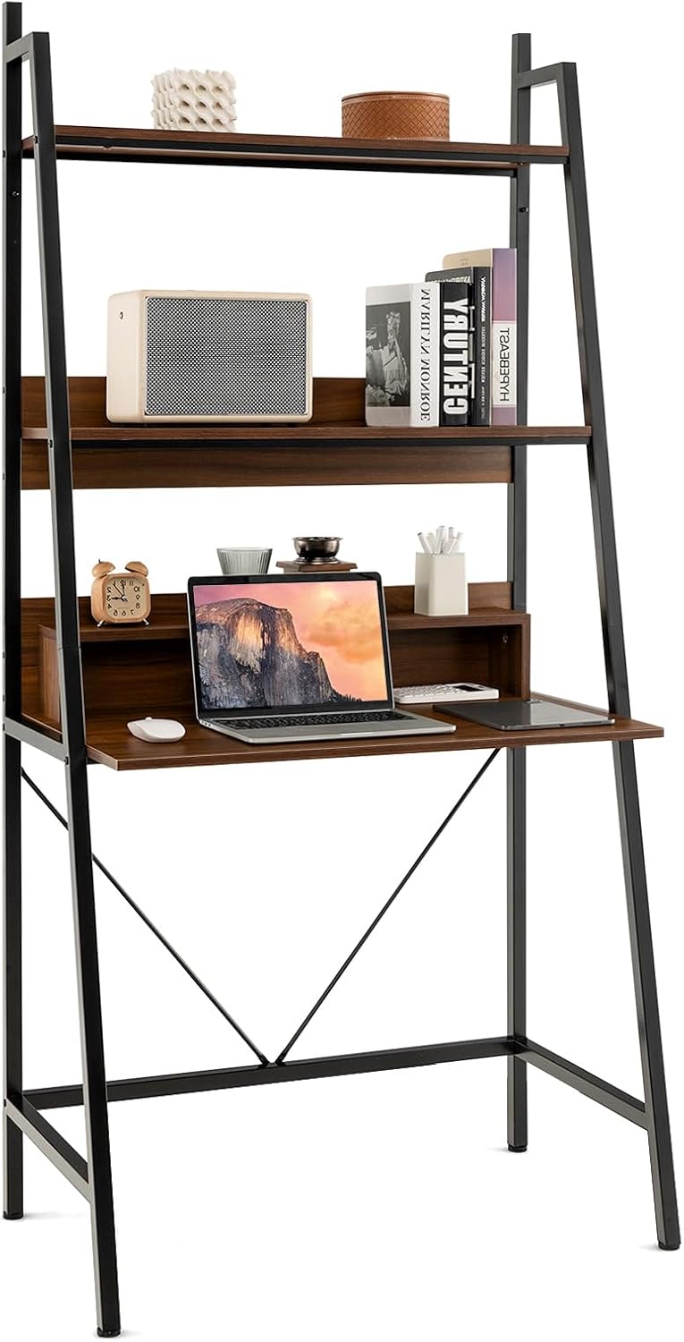 Brown Freestanding Ladder Desk with Open Shelves Z16907