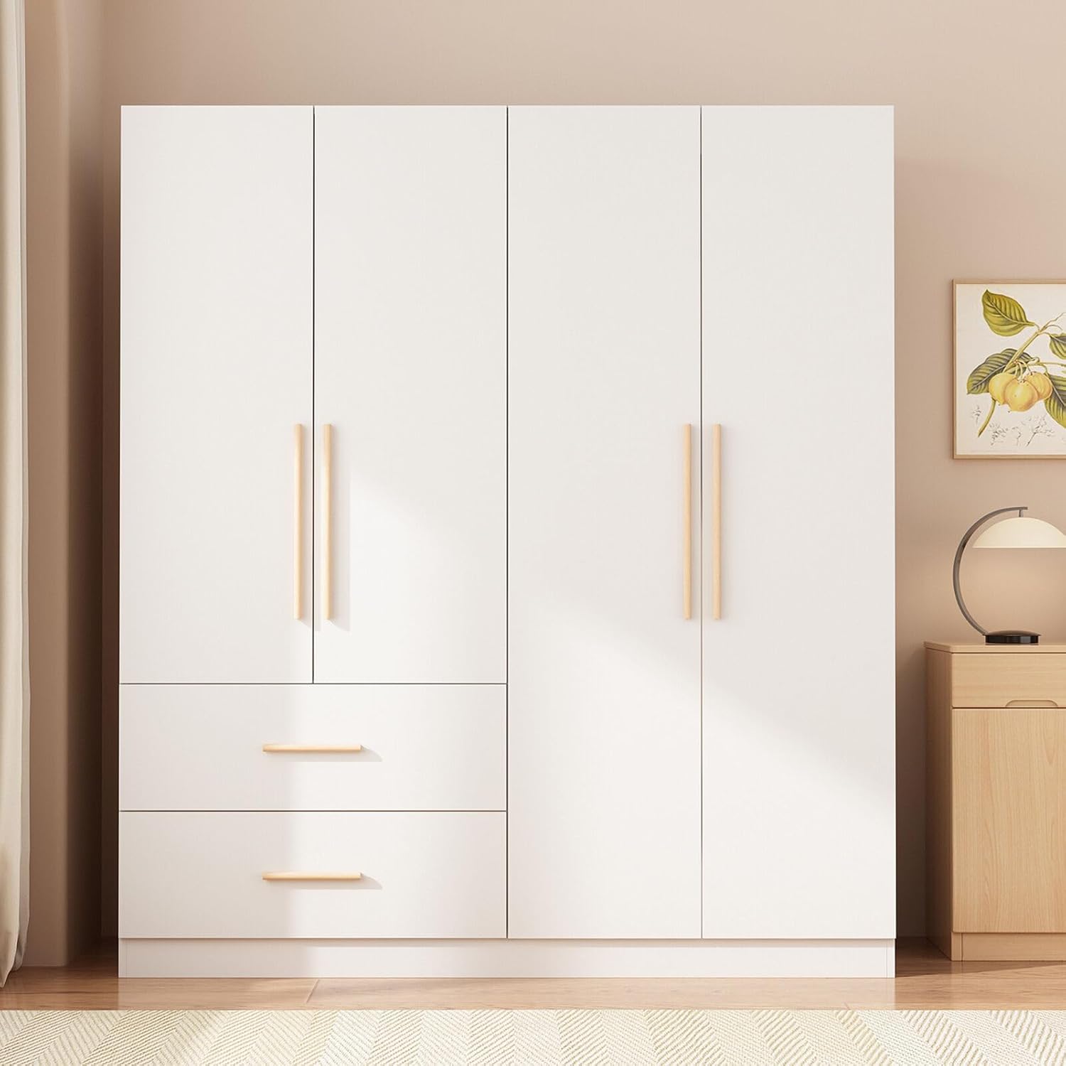 White 4-Door 2-Drawer Wood Wardrobe Armoire O123778