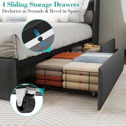 Gray Queen Upholstered Platform Bed Frame with 2 Storage Drawers and LED Light D12587