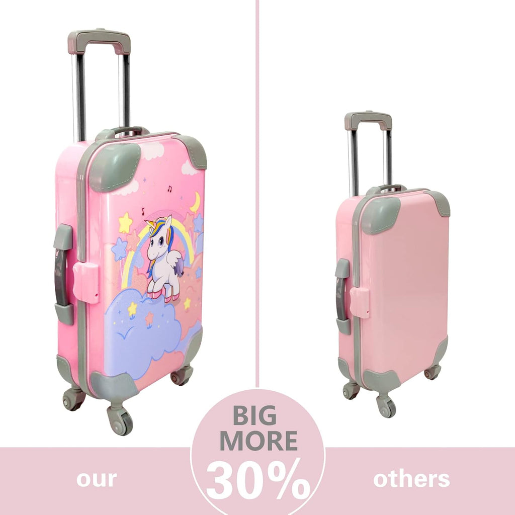 18 Inch Doll Clothes and Accessories Travel Suitcase Play Set Including Luggage, 2 Sets of Doll Clothes and Shoes, Umbrella Sunglasses Camera Travel Pillow Blindfold Passport Tickets O941421