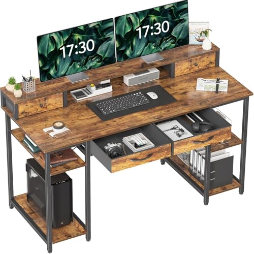 55 Inch Computer Desk with Monitor Shelf, 4 Drawers, Brown S32303