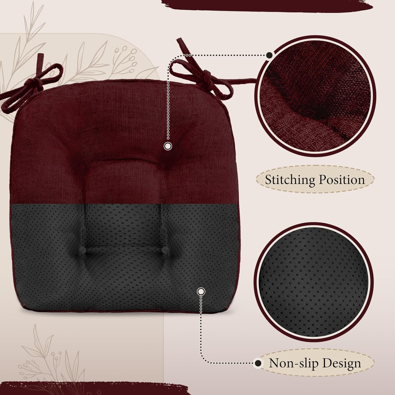 Burgundy 17" x 17" Memory Foam Chair Cushions with Adjustable Ties H3720