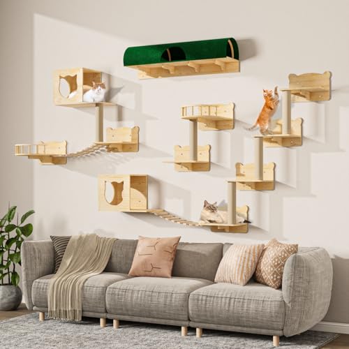16 Pcs Pine Wooden Cat Wall Shelves with House K63919