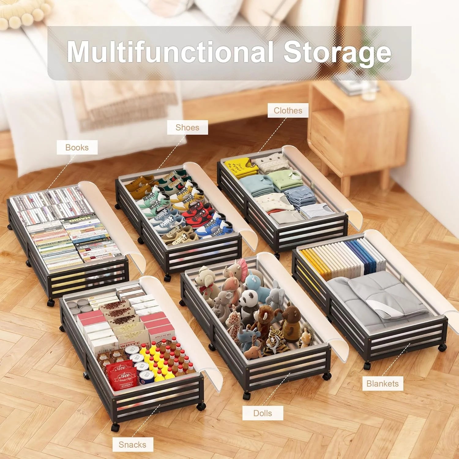2 Pcs Bamboo Wood Rolling Underbed Storage Bins with Wheels M361