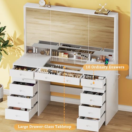 White 50" Vanity Desk with Mirror and Lights, Glass Top, 11 Drawers & 8 Hidden Storage Shelves, 3 LED Lighting Modes V24367
