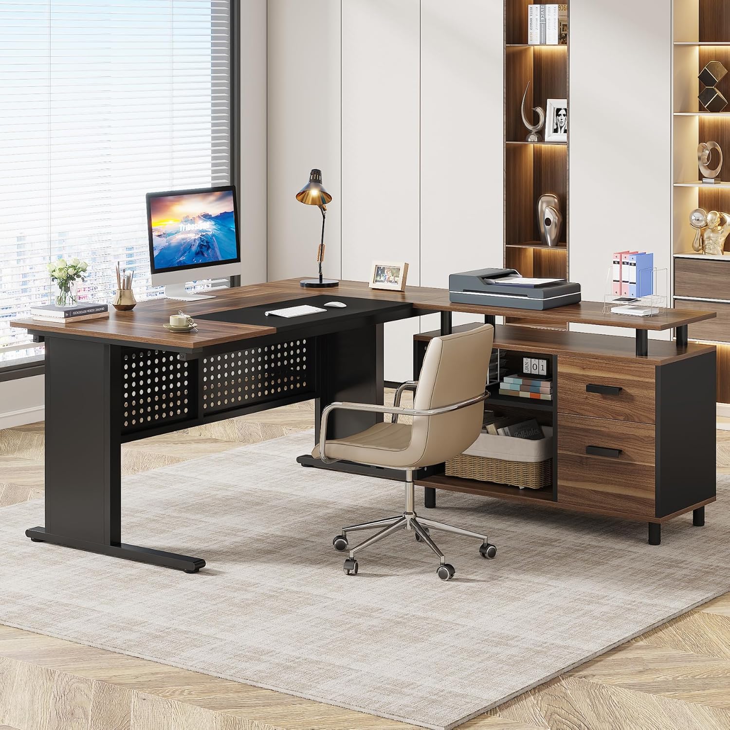Brown and Black 63 Inch L Shaped Computer Desk with File Cabinet M226341