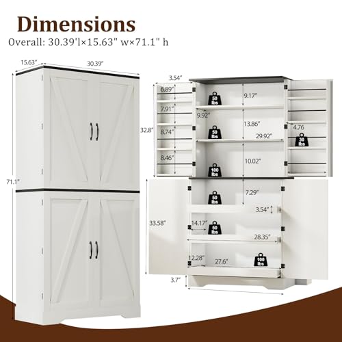White 72" Kitchen Pantry Storage Cabinet with 8 Shelves and 3 Pull-Out Racks A60168