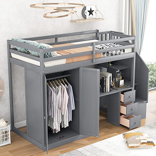 Twin Size Solid Wood Loft Bed with Desk and Stairs H201