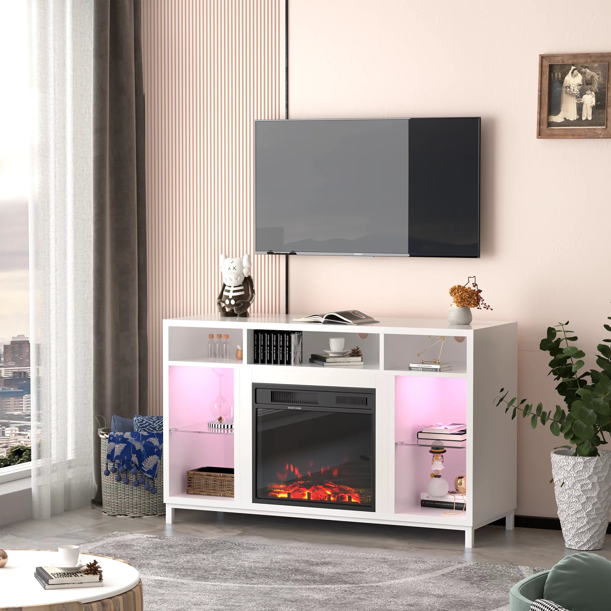 White Fireplace TV Stand with 18" Electric Fireplace and Adjustable Glass Shelves V876
