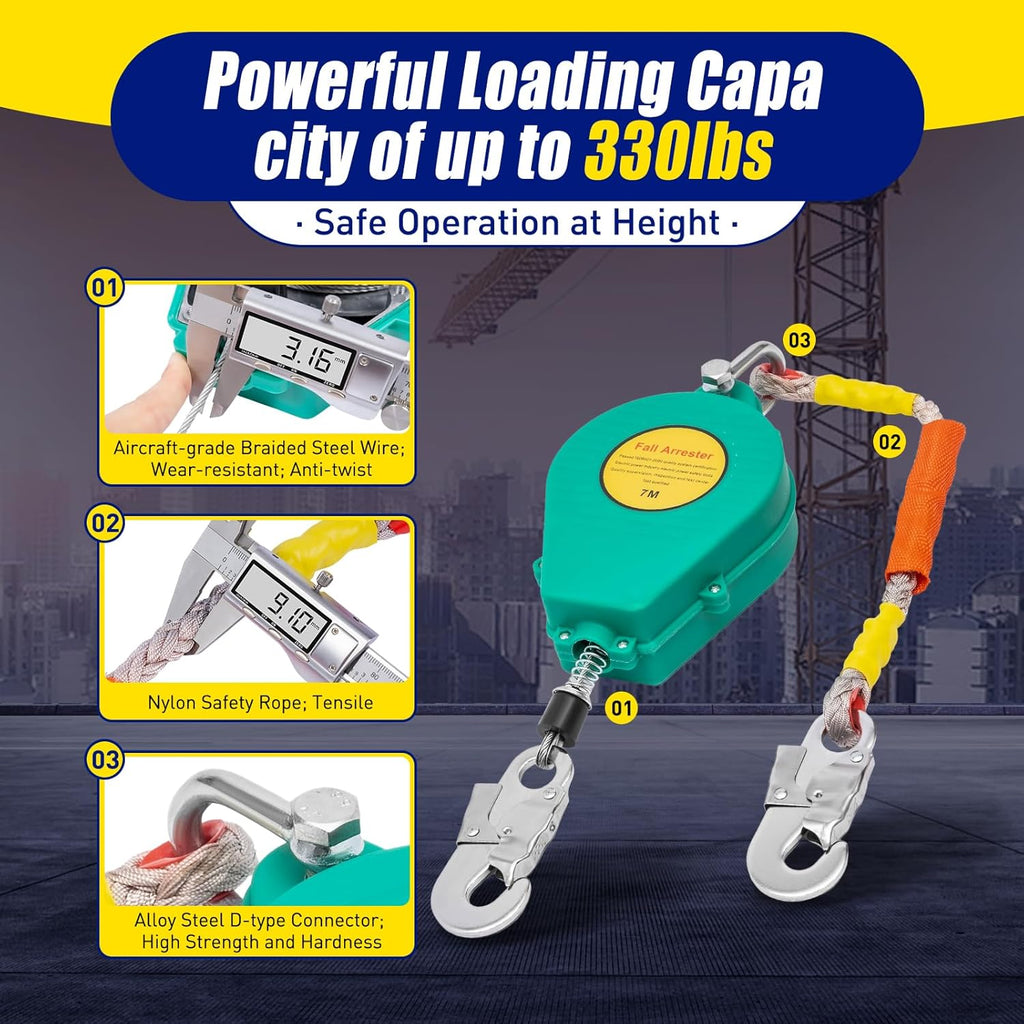 Self Retracting Lifeline 330lbs Fall Arrester Retractable Fall Protection Safety Harness with Alloy Steel Hook & Steel Wire Rope X190