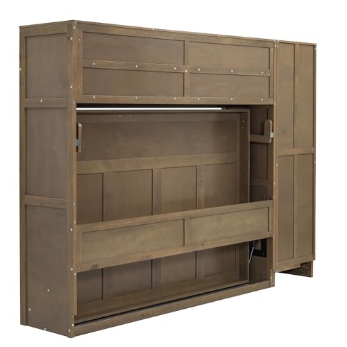 Antique Grey Wooden Murphy Bed with Wardrobe, 3 Drawers and 3 Open Top Shelves Y852547