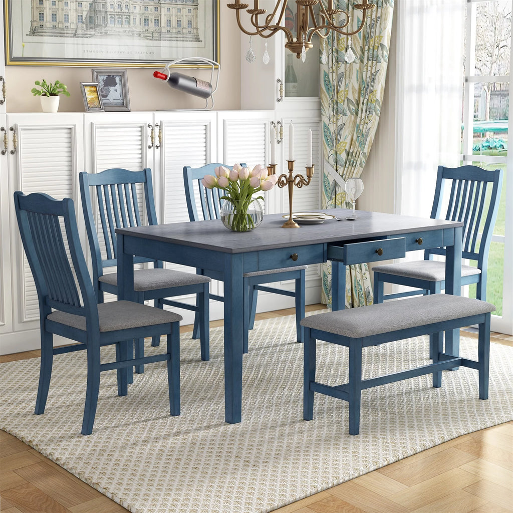 6 Piece Wood Dining Table Set With Drawer Antique Blue S23215
