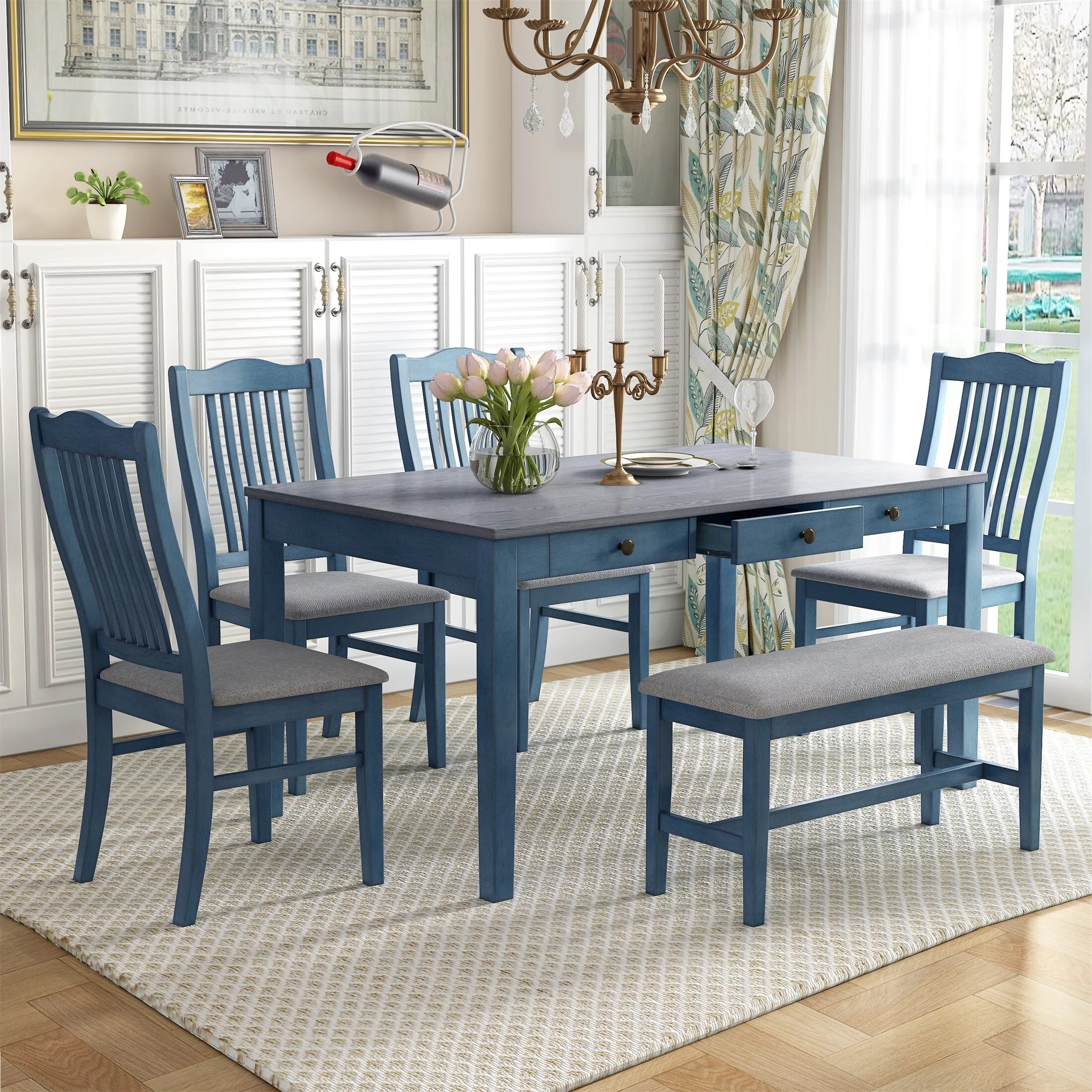 6 Piece Wood Dining Table Set With Drawer Antique Blue S23215