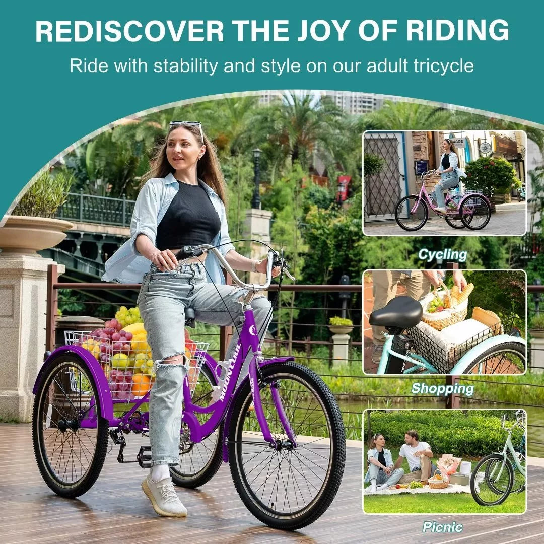 24Inch Adult Electric Tricycles 3 Wheel Electric Bike, 15.5 mph 500W Electric Trikes, 7-Speed, 36V Removable Lithium Battery B6401