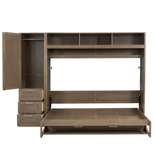 Antique Grey Wooden Murphy Bed with Wardrobe, 3 Drawers and 3 Open Top Shelves Y852547