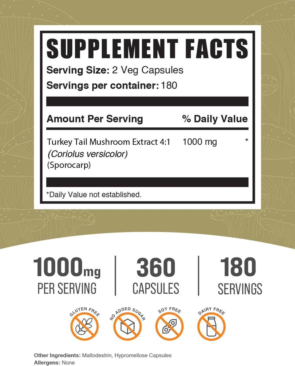 Turkey Tail Mushroom Capsules, 360 Veg Capsules N56458