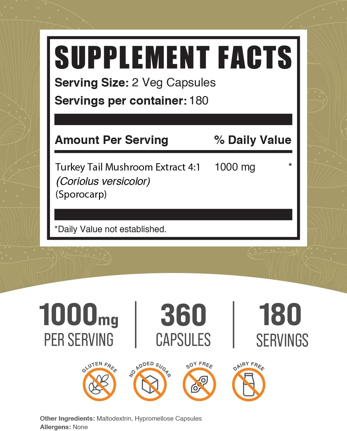 Turkey Tail Mushroom Capsules, 360 Veg Capsules N56458