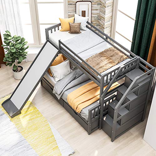 White Wood Twin Over Full Bunk Bed with Slides, Stairway, Drawers, and Safety Fence H661332