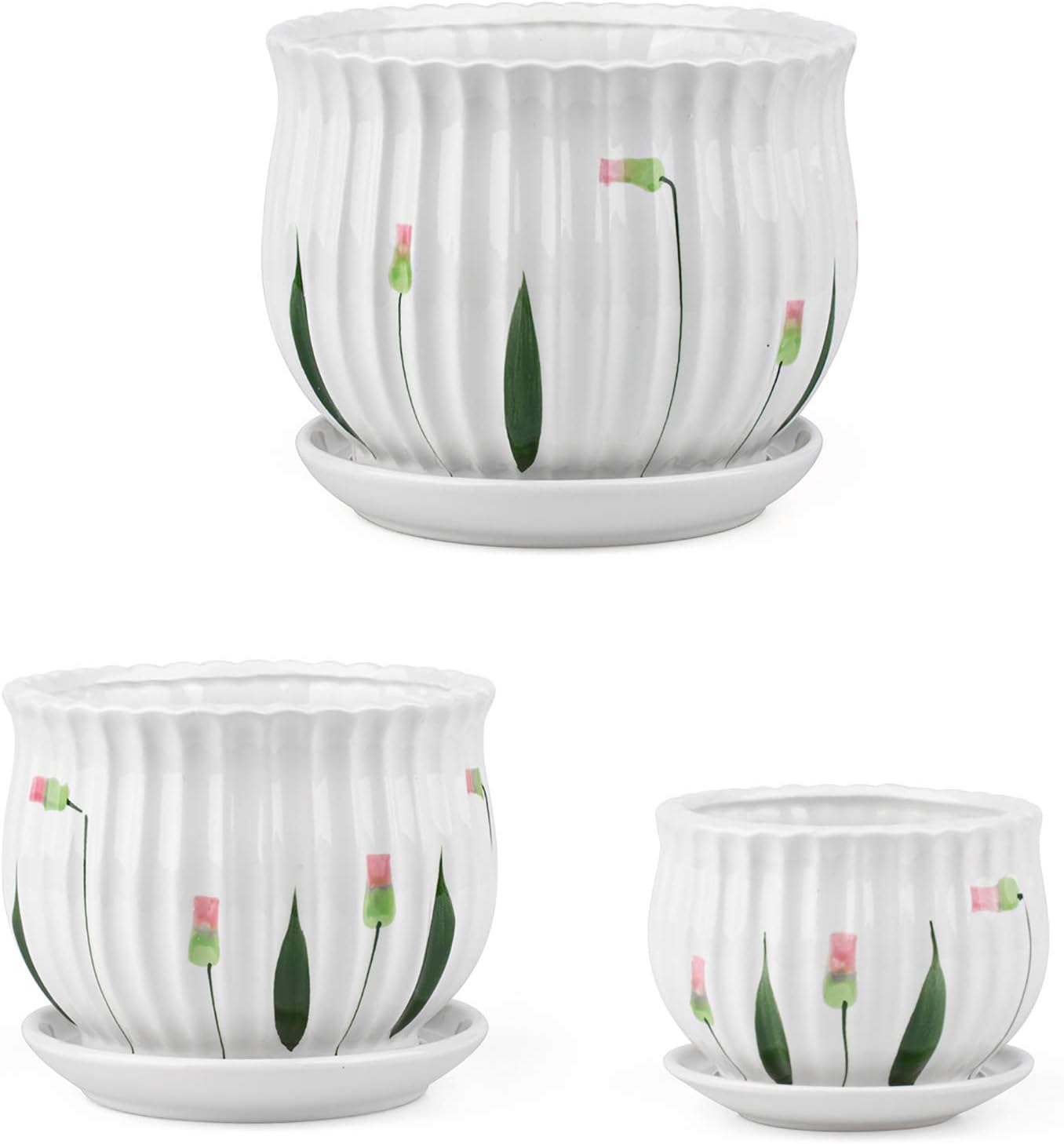 Set of 3 Ceramic Plant Pots with Drainage and Saucer H557449