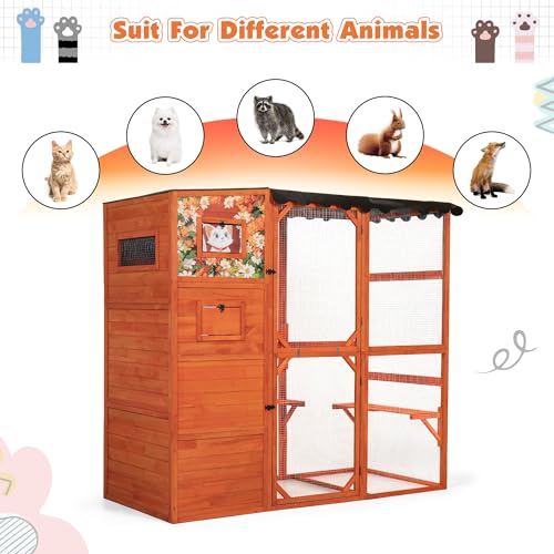 Large Wood Cat Catio with Weatherproof Roof, 2 Resting Rooms, 2 Platforms, 4-Tier Cat Playpen H4344