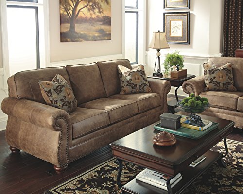 Gray Faux Leather Sofa with Nailhead Trim and 4 Accent Pillows U5484