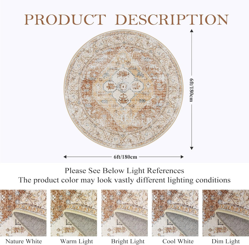 6Ft Washable Round Non-Slip Area Rug O3384