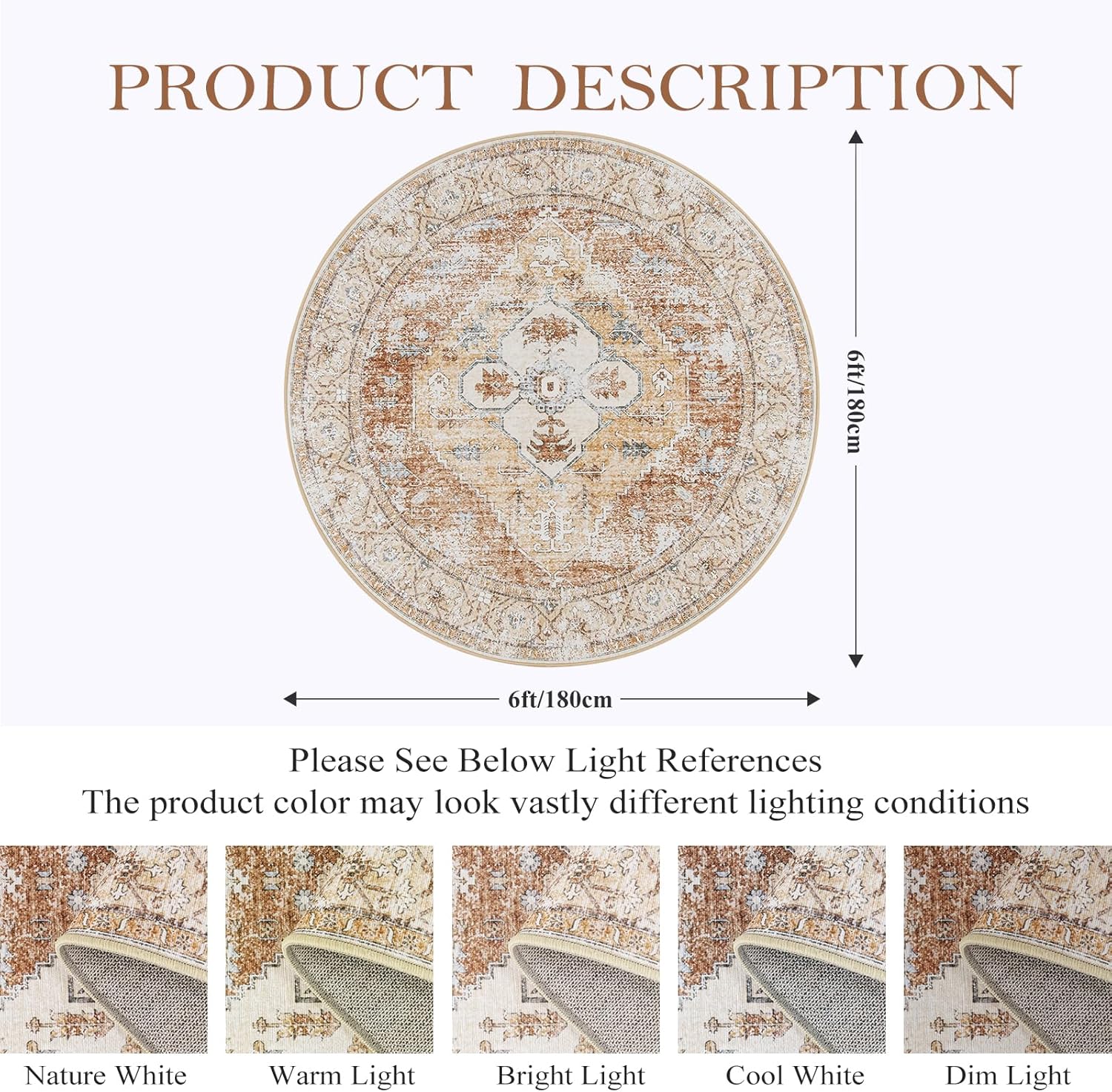 6Ft Washable Round Non-Slip Area Rug O3384