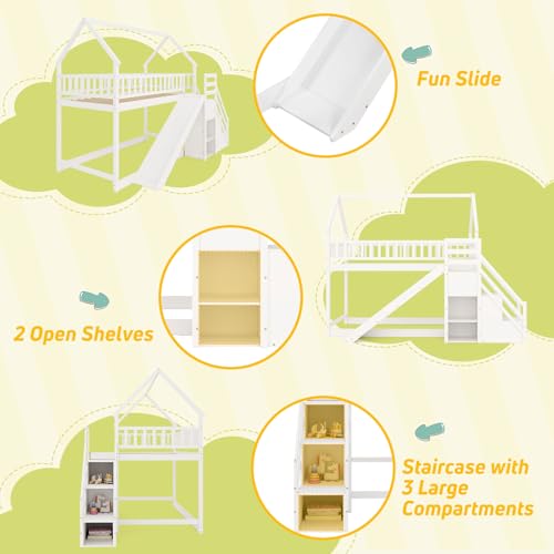 White Wood Bunk Bed Twin Over Twin with Slide & Stairs D9083