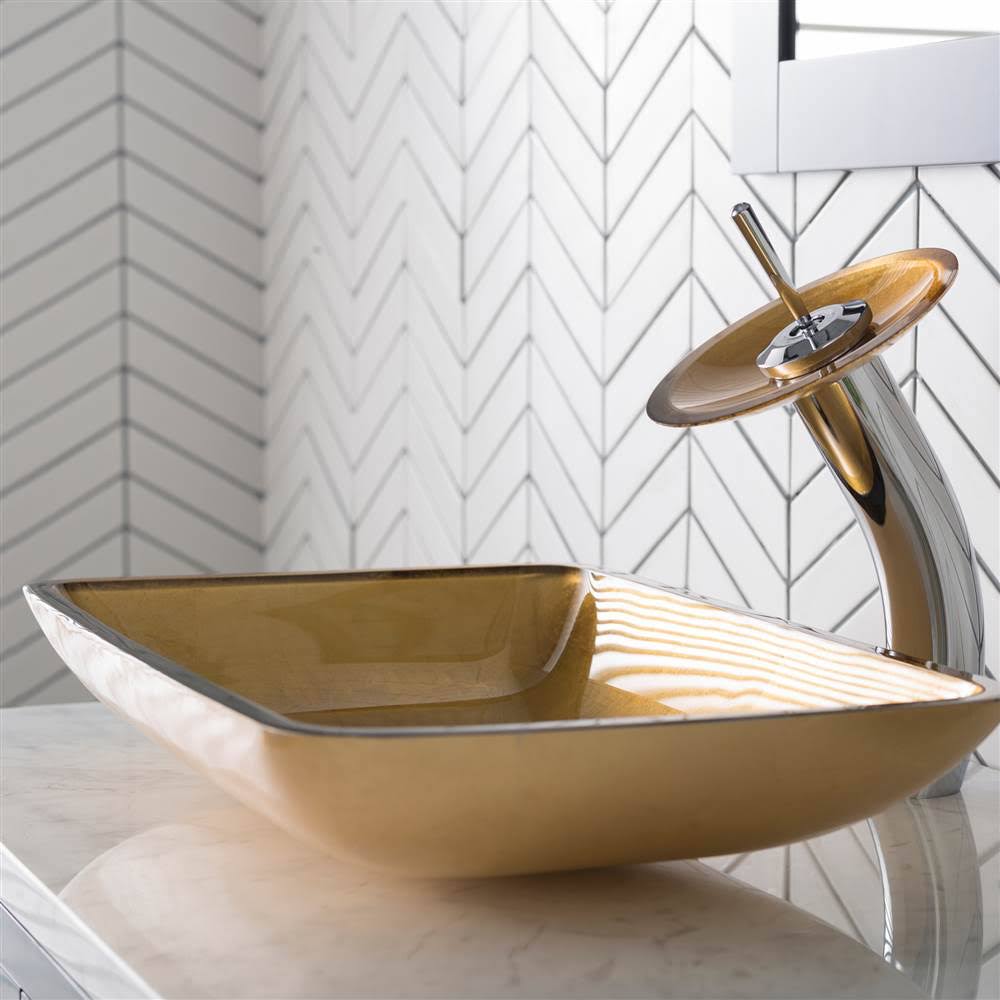 Golden Pearl Rectangular Glass Vessel Sink and Waterfall Faucet J67653