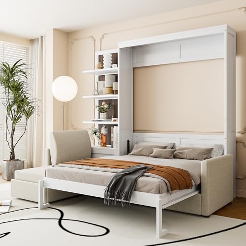 Queen Size Wood Murphy Bed with Sofa and Shelves, White K404134