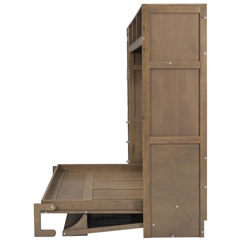 Antique Grey Wooden Murphy Bed with Wardrobe, 3 Drawers and 3 Open Top Shelves Y852547