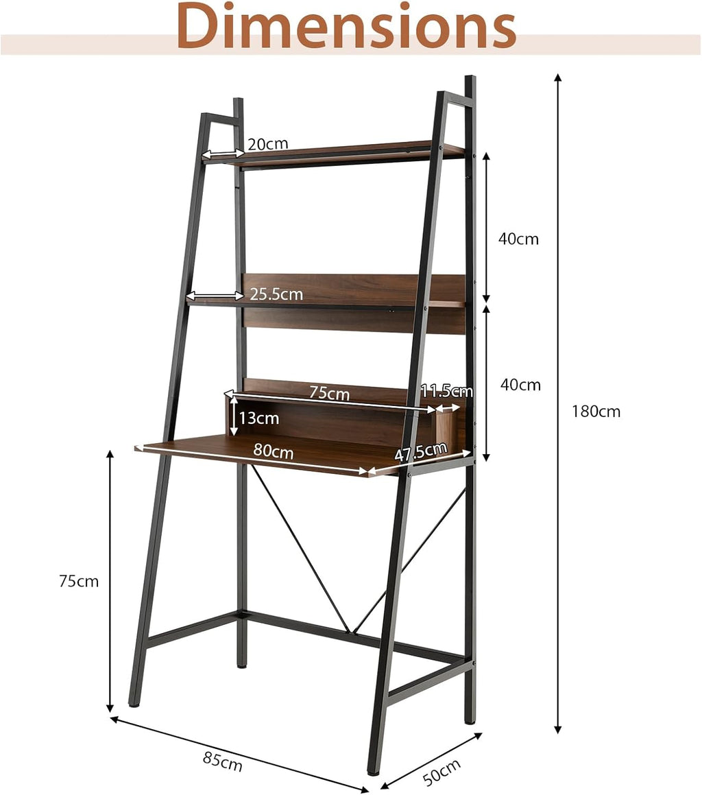 Brown Freestanding Ladder Desk with Open Shelves Z16907