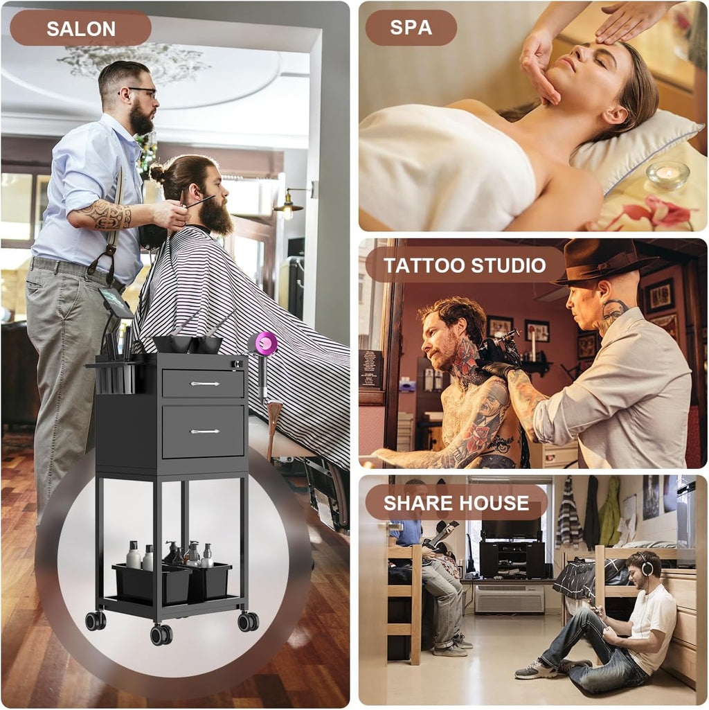 Lockable Metal Rolling Salon Cart with 2 Magnetic Bowls K7316