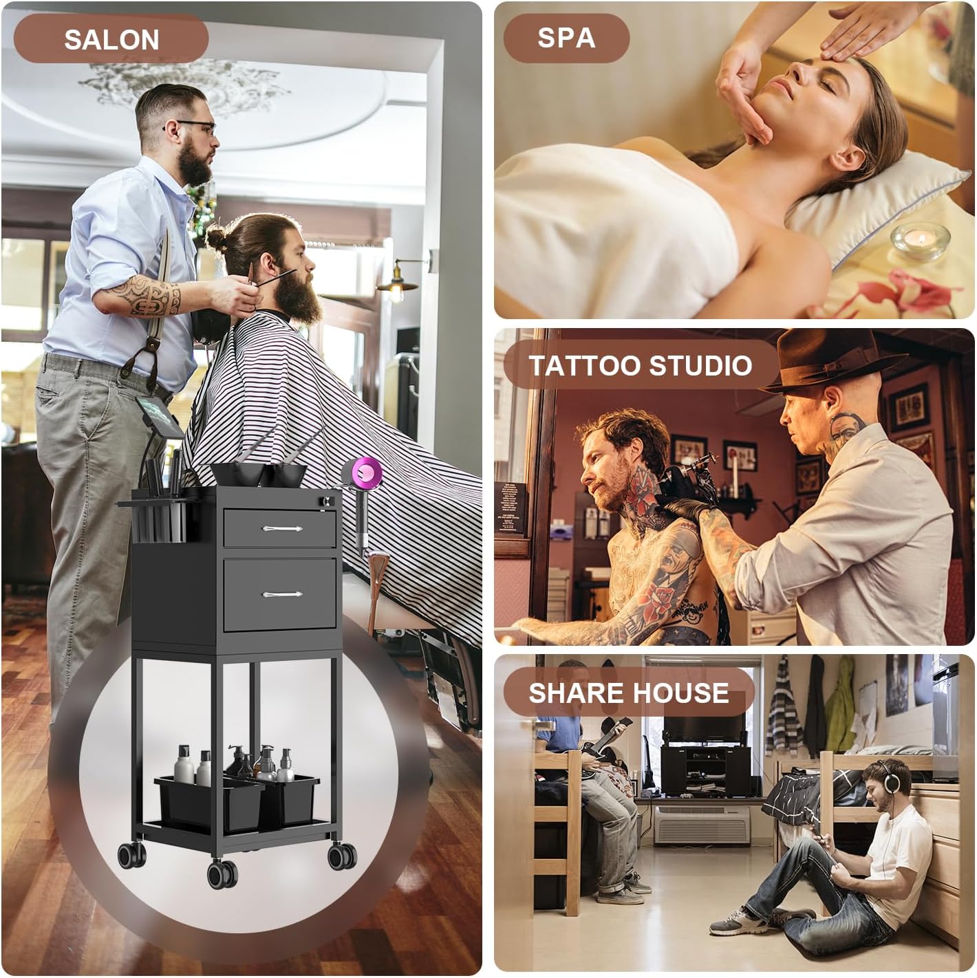 Lockable Metal Rolling Salon Cart with 2 Magnetic Bowls K7316