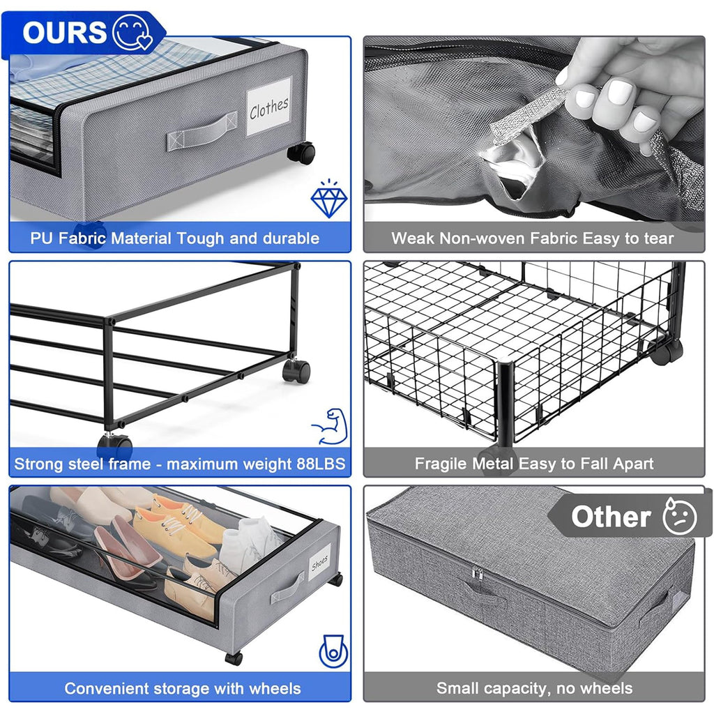 Gray 4-Pack 60L Under Bed Storage Bins with Wheels and Clear Lids U879