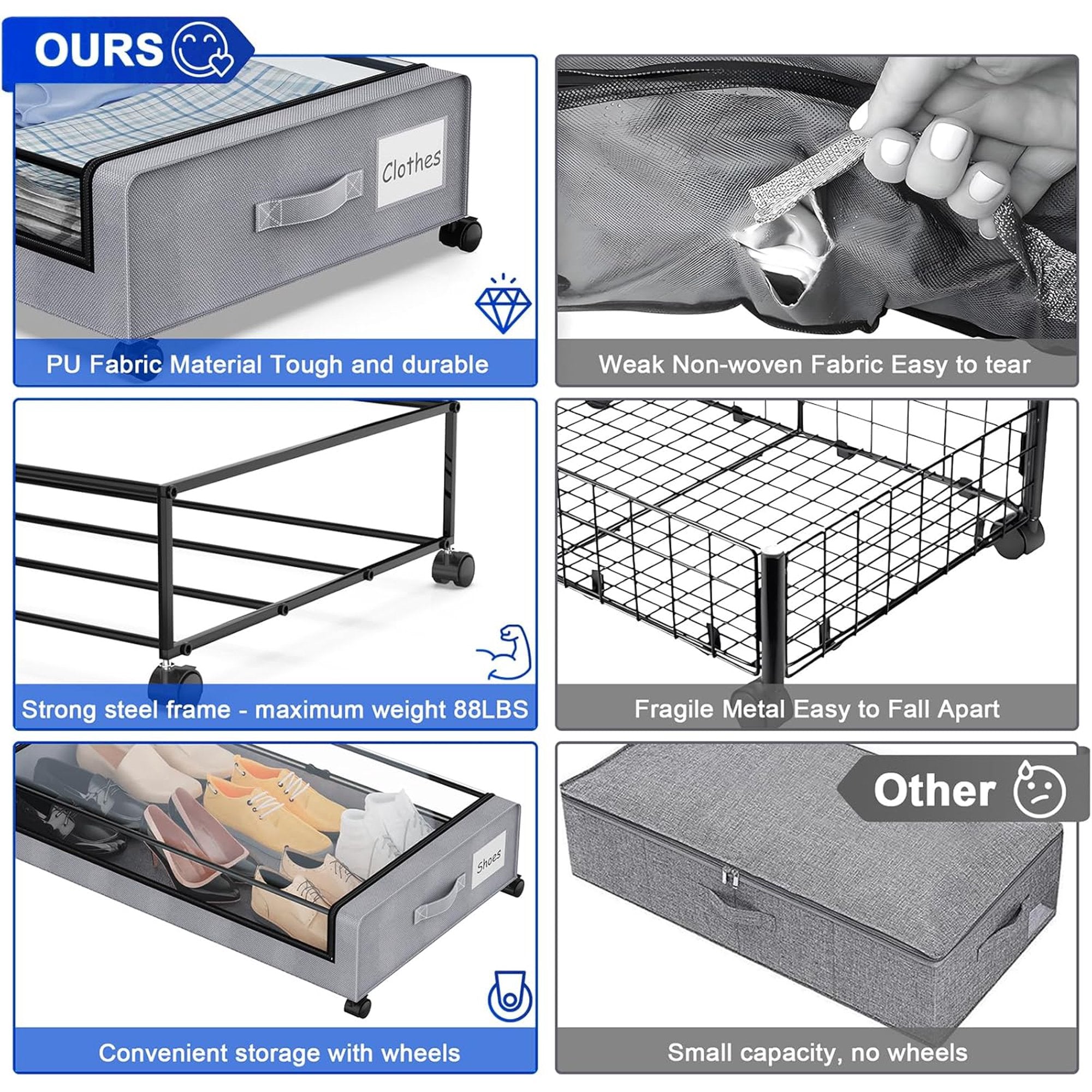Gray 4-Pack 60L Under Bed Storage Bins with Wheels and Clear Lids U879