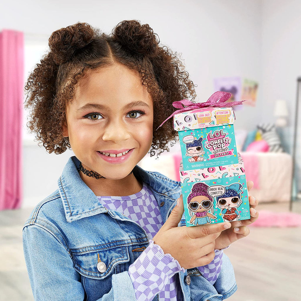 LOL Surprise! Confetti Pop Birthday Sisters doll with Lil Sister, 10 surprises, accessories, limited edition doll, present box packaging W3233