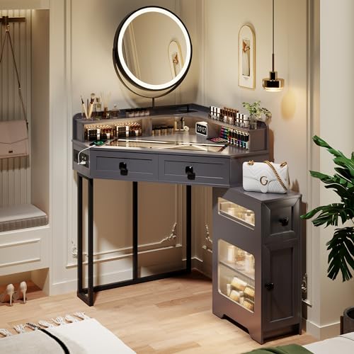 White Glass Top Corner Vanity with Mirror and Lights W63193