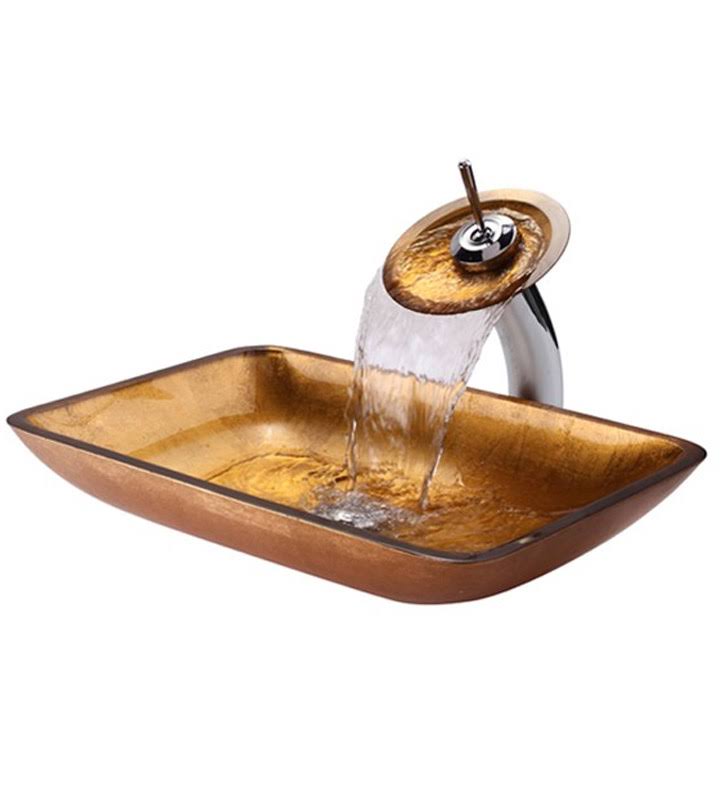 Golden Pearl Rectangular Glass Vessel Sink and Waterfall Faucet J67653