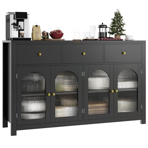 Black 55.1" Wood Buffet Cabinet with 3 Drawers and 4 Doors O487