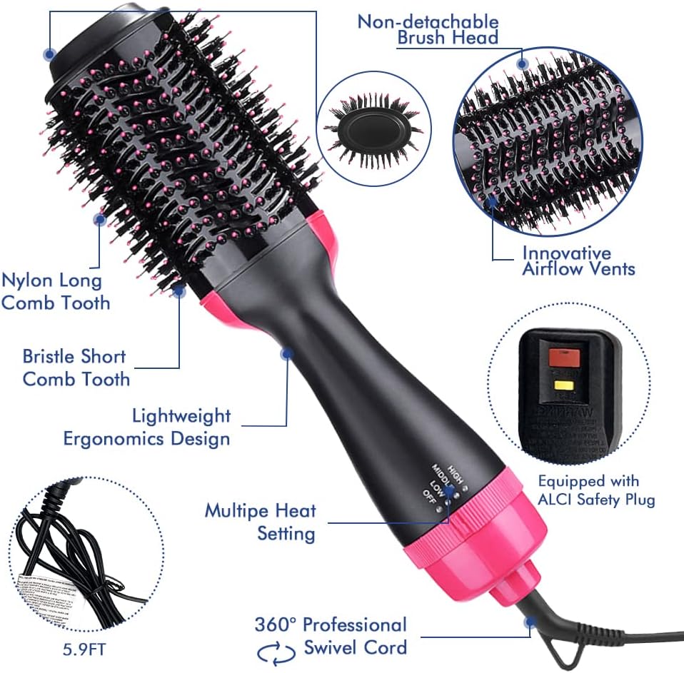 4 in 1 Negative Ion Hot Air Hair Dryer Brush with Hair Clips Massage Comb and Storage Bag K34677
