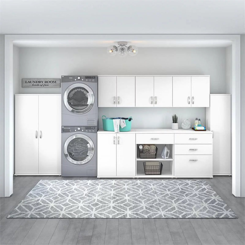 White Engineered Wood Laundry Room Cabinet with Drawers M60926