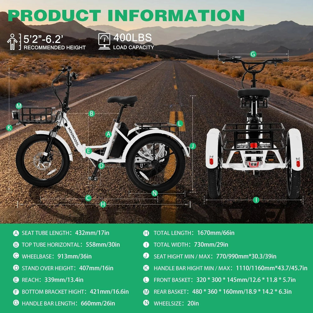 48V 20" Fat Tire 3 Wheel Folding Electric Tricycle O2165