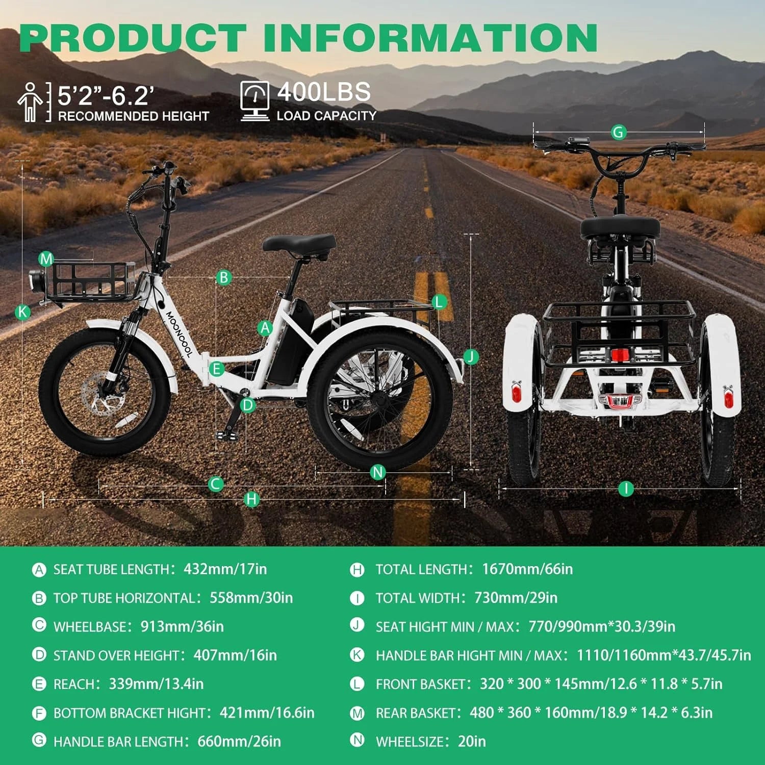48V 20" Fat Tire 3 Wheel Folding Electric Tricycle O2165