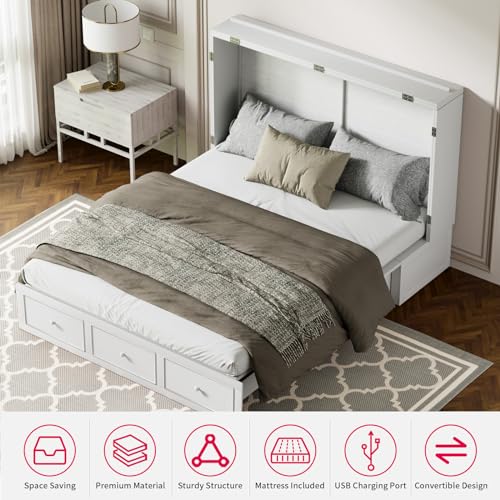 Grey Queen Murphy Bed with Foldable Mattress and Storage Drawer U6017