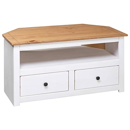 Pine Wood Corner TV Cabinet with 2 Storage Drawers and 1 Open Compartment, 36.6 x 19.3 x 19.3 Inches K7101