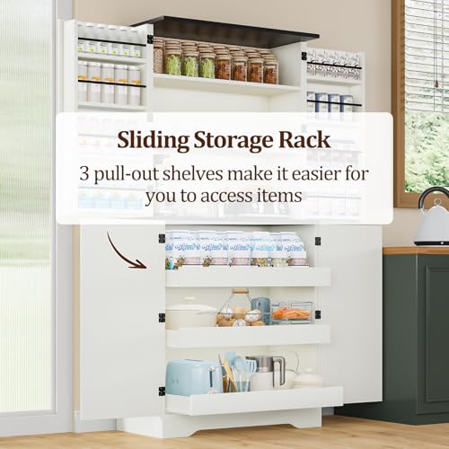 White 72" Kitchen Pantry Storage Cabinet with 8 Shelves and 3 Pull-Out Racks A60168