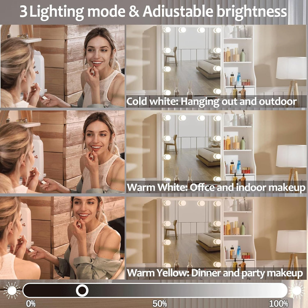 Girls Makeup Vanity with Sliding Mirror and Lights, Lockable Drawers and Cabinets, Dressing Cosmetic Table with Soft Chair L41023