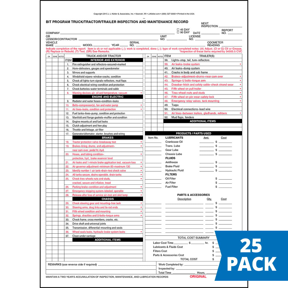 Tractor Trailer Truck Inspection Maintenance Record Form 25-pk Snap-Out 3-Ply Carbon 8.5" x 11.75" A7010
